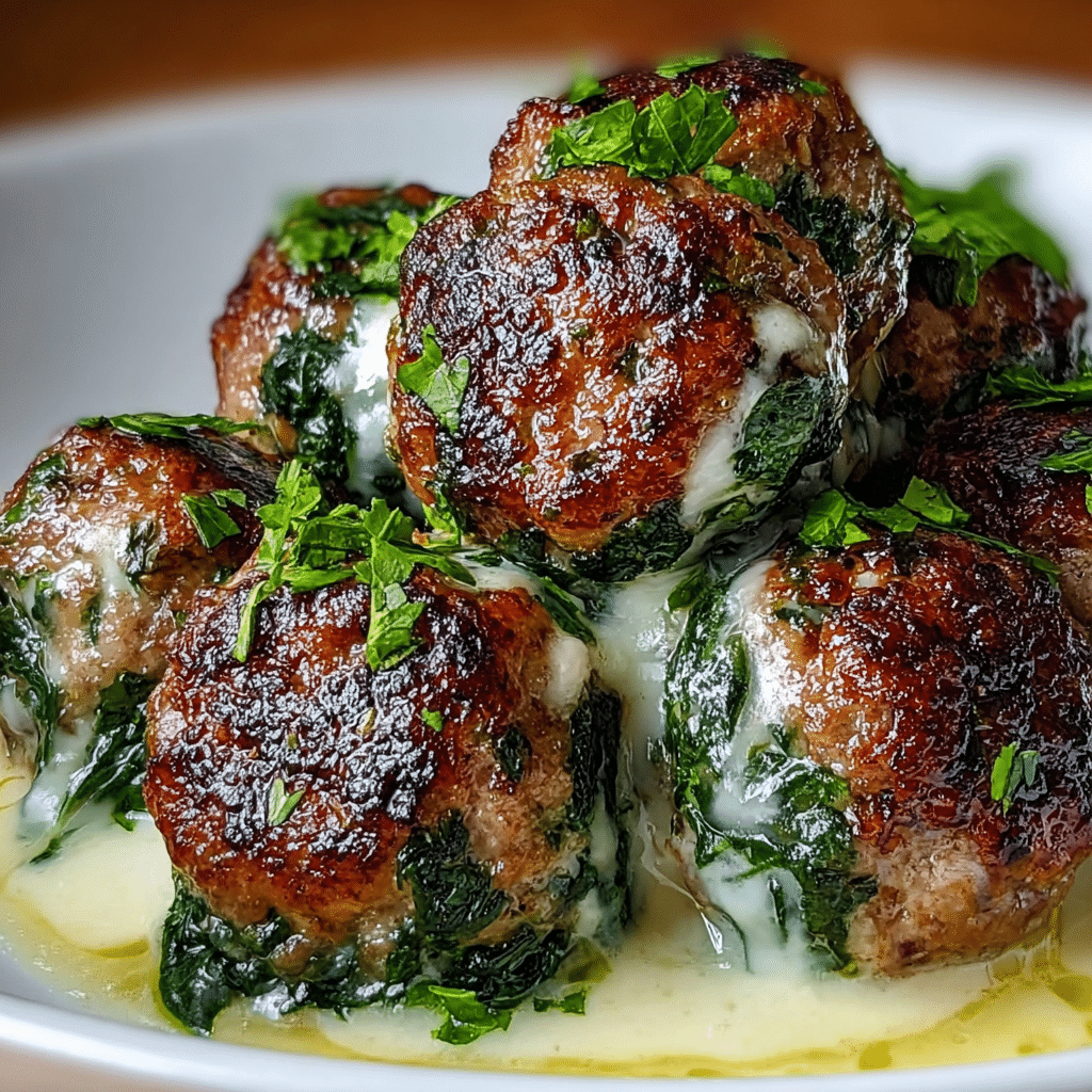 Spinach Garlic Meatballs with Mozzarella