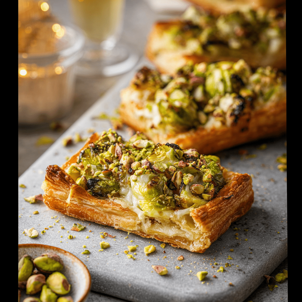 Brussels Sprouts Puff Pastry Tart with Fontina and Pistachios