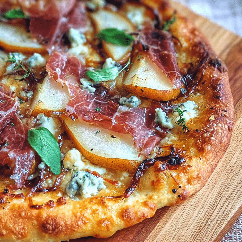 Caramelized Pear and Prosciutto Pizza with Blue Cheese