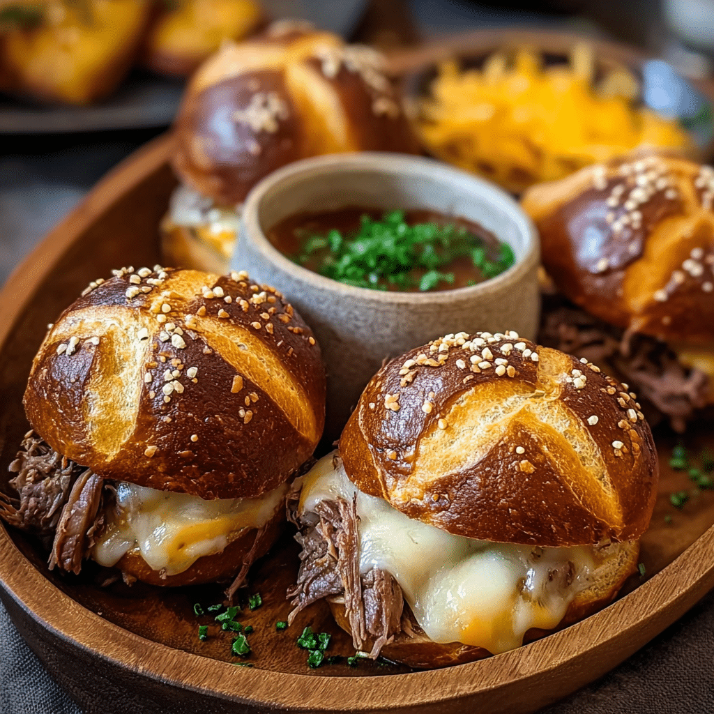 Pumpkin Beer Brisket Melts with Pretzel Buns