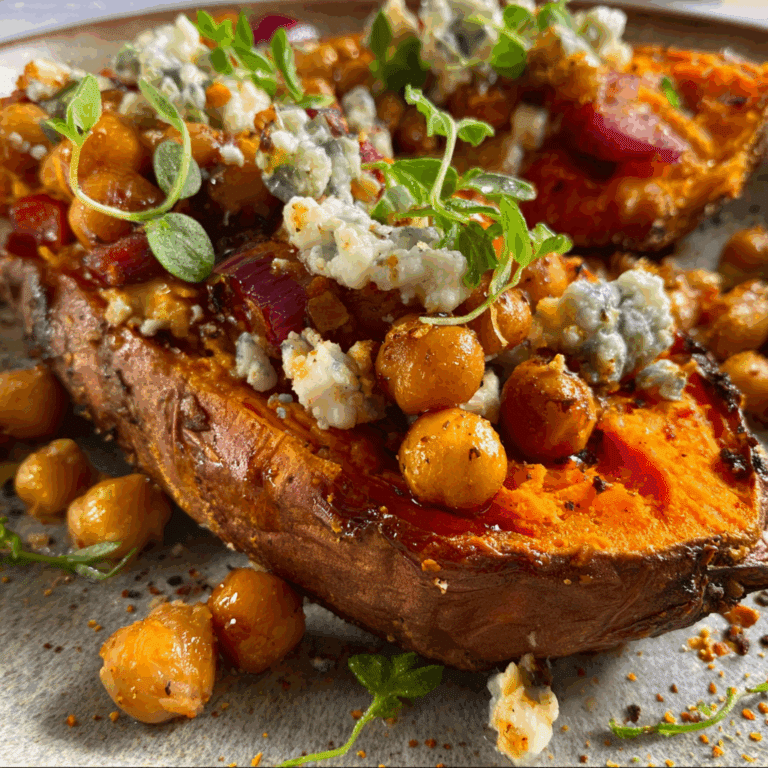 Slow Roasted Sweet Potatoes with Spicy Chickpeas and Blue Cheese
